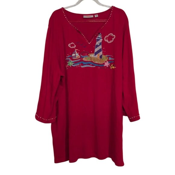 The Quacker Factory Beaded Beach Lighthouse Shirt Womens Size 2X Red Nautical - Picture 1 of 11